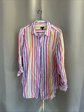 Women’s Multicolor Striped Linen Shirt - Lightweight Casual Button-Up sz M